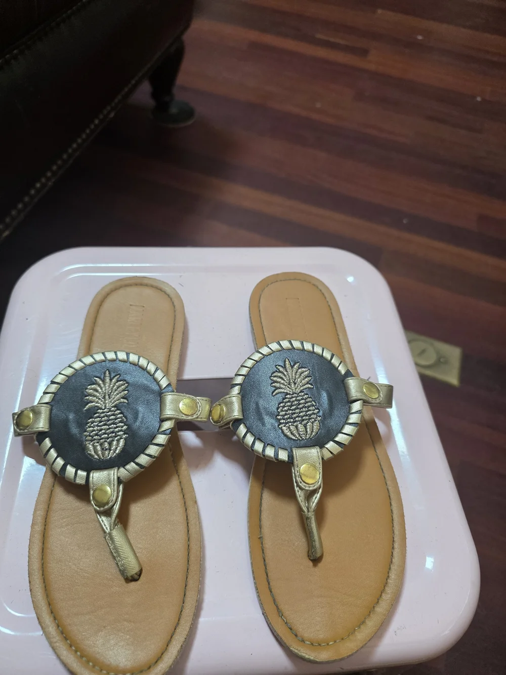 Girls' Navy Anchor Embellished Gold-Trim Thong Sandals
